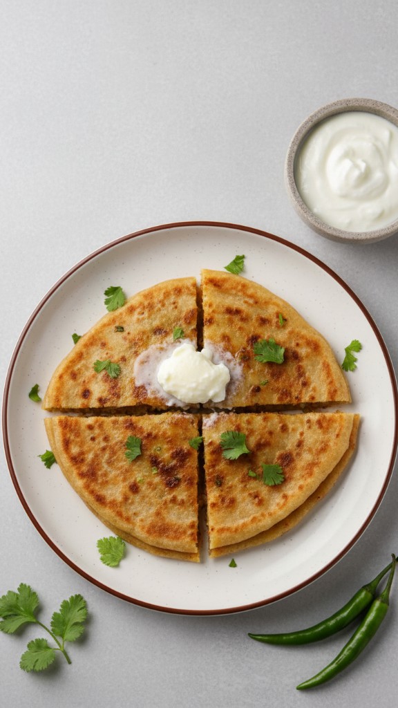 Aloo paratha with yogurt and chilies