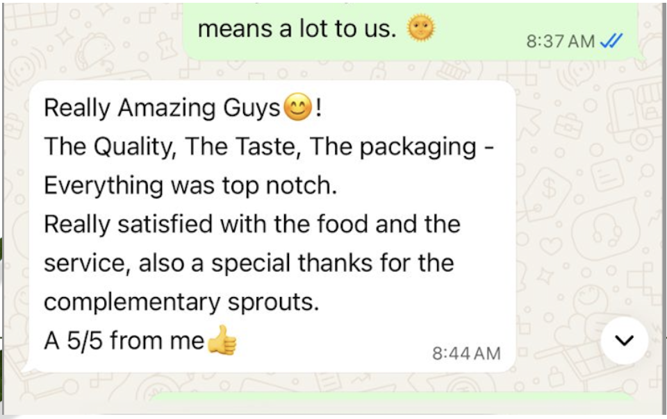 WhatsApp review: quality, taste, packaging, and complimentary sprouts — 5/5